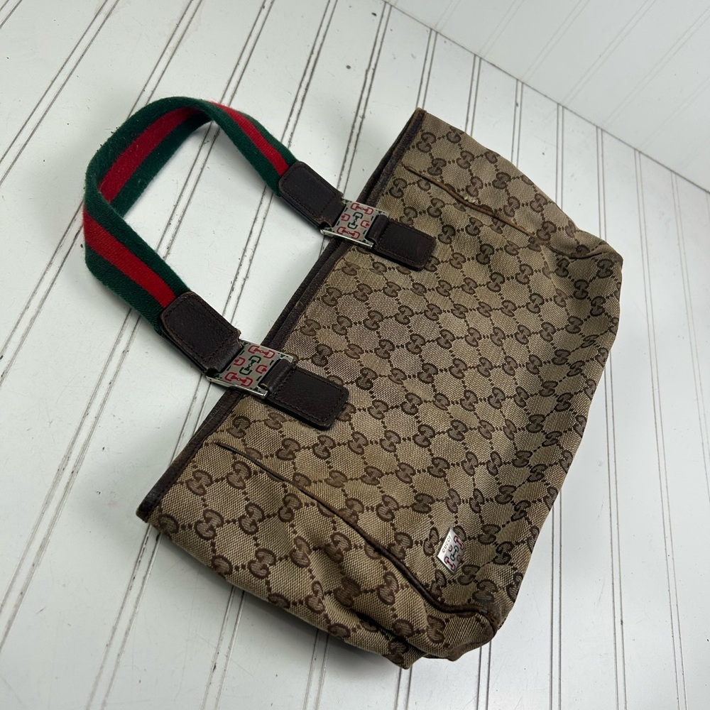 Gucci GG Vintage Iconic Monogram Canvas Web Sherry Line Pop Tote Bag Drawstring - Picture 13 of 14